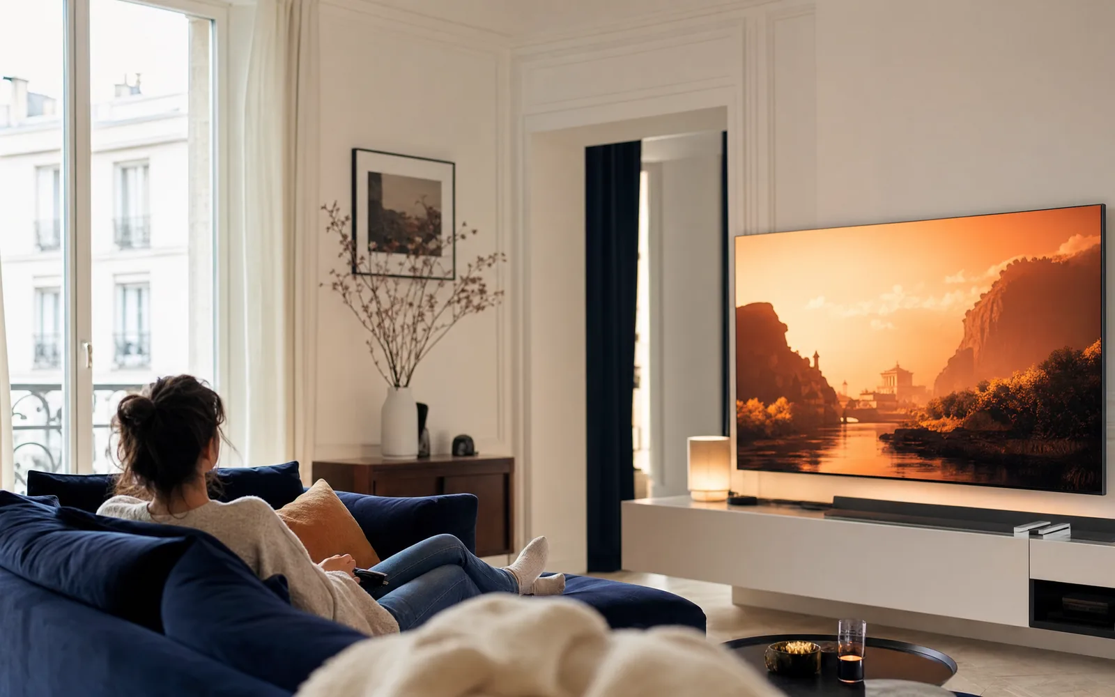 Grand téléviseur allumé avec une lueur orange dans un salon français bleu marine et blanc, prêt pour un code IPTV premium
