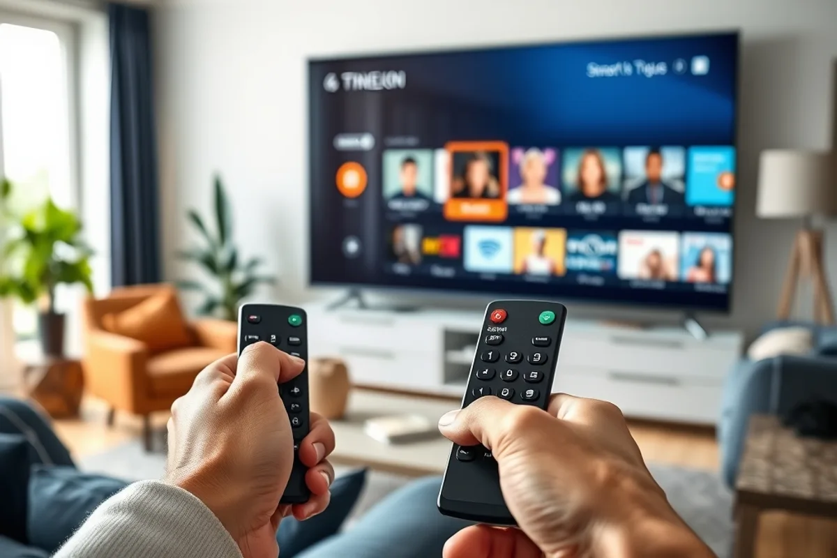 Télécommande devant un téléviseur affichant des icônes d’applications IPTV, illustrant la compatibilité multi-appareils