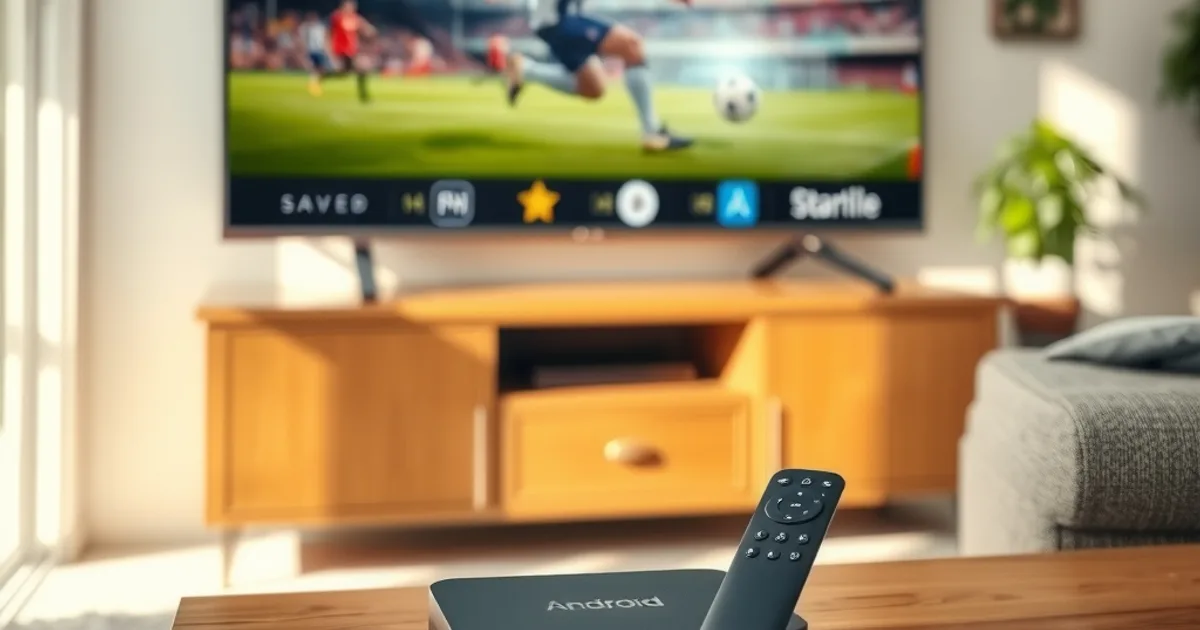 Boîtier Android TV et télécommande posés devant une télévision affichant un match de football, dans un salon lumineux
