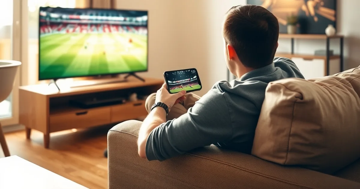 Une personne suit un match de Champions League dans un salon lumineux tout en vérifiant sa connexion sur son téléphone