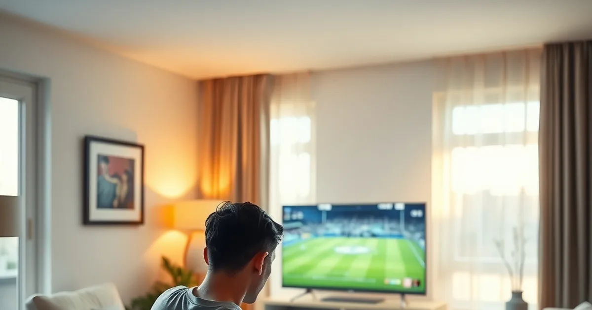 Une personne consulte son téléphone dans un salon lumineux pendant la diffusion d'un match de football à la télévision.