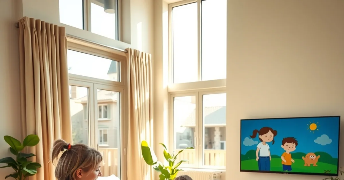Une mère et ses deux enfants installés dans un salon lumineux, regardant la télévision ensemble avec une tablette affichant une interface adaptée aux enfants.