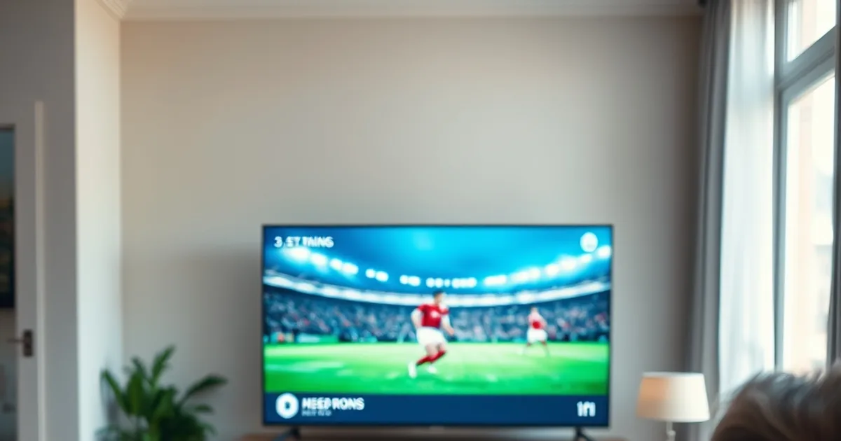 Une personne ajuste calmement les réglages de son application IPTV sur une tablette, salon lumineux avec un match de football en pause à l'écran