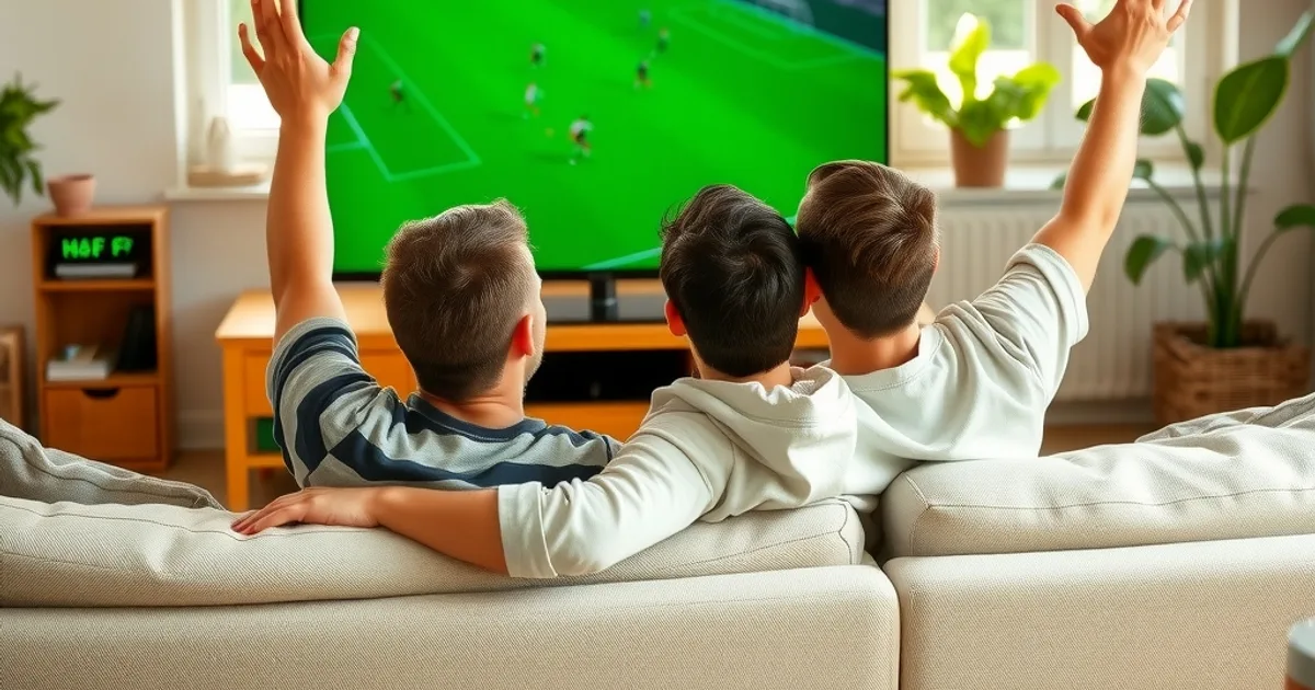 Deux amis suivent un match de Ligue 1 un dimanche après-midi dans un salon lumineux, avec un routeur Wi-Fi visible en arrière-plan.