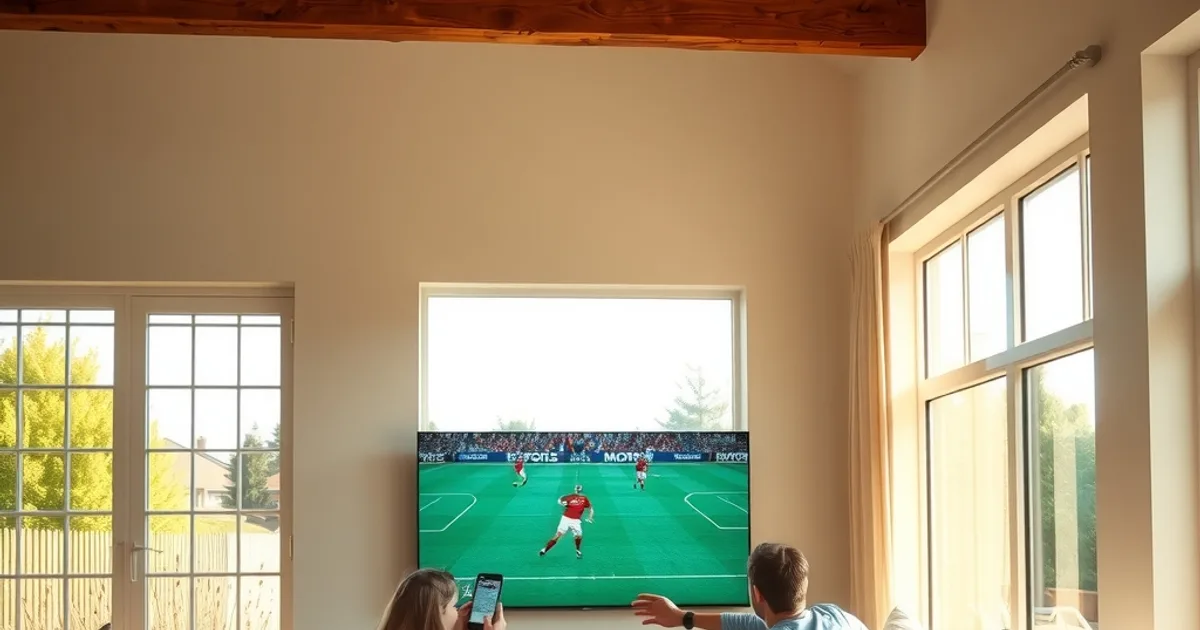Un groupe d'amis regarde un match de football dans un salon lumineux, un smartphone à la main, en pleine journée