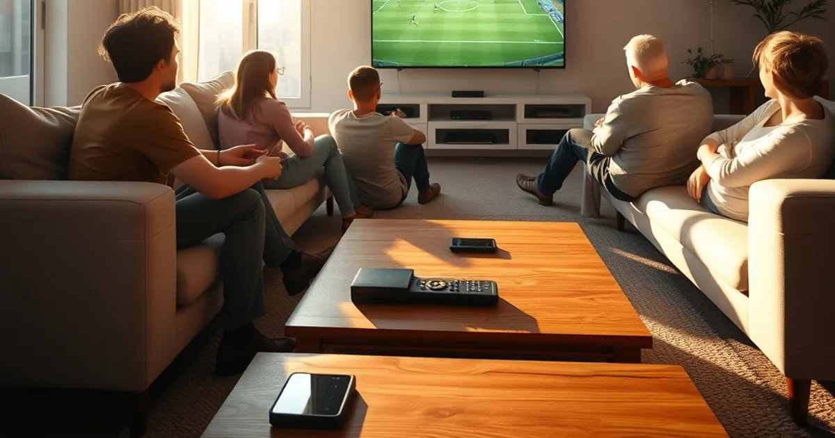 Un groupe d'amis regarde un match de football dans un salon lumineux, ambiance détendue en plein jour