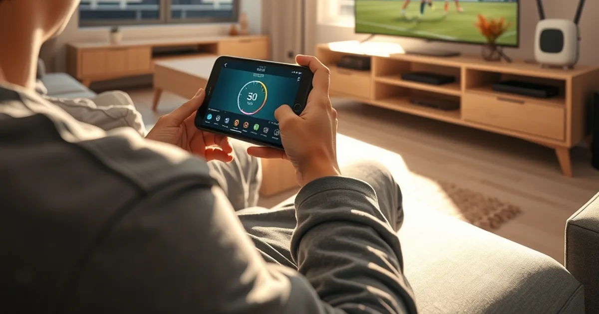 Personne testant son débit internet sur smartphone dans un salon lumineux avec téléviseur 4K en arrière-plan diffusant un match