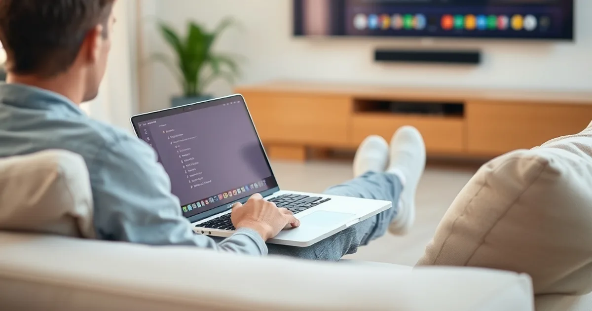 Une personne assise dans un salon lumineux règle les paramètres réseau de son installation IPTV sur un ordinateur portable, télévision visible en arrière-plan.