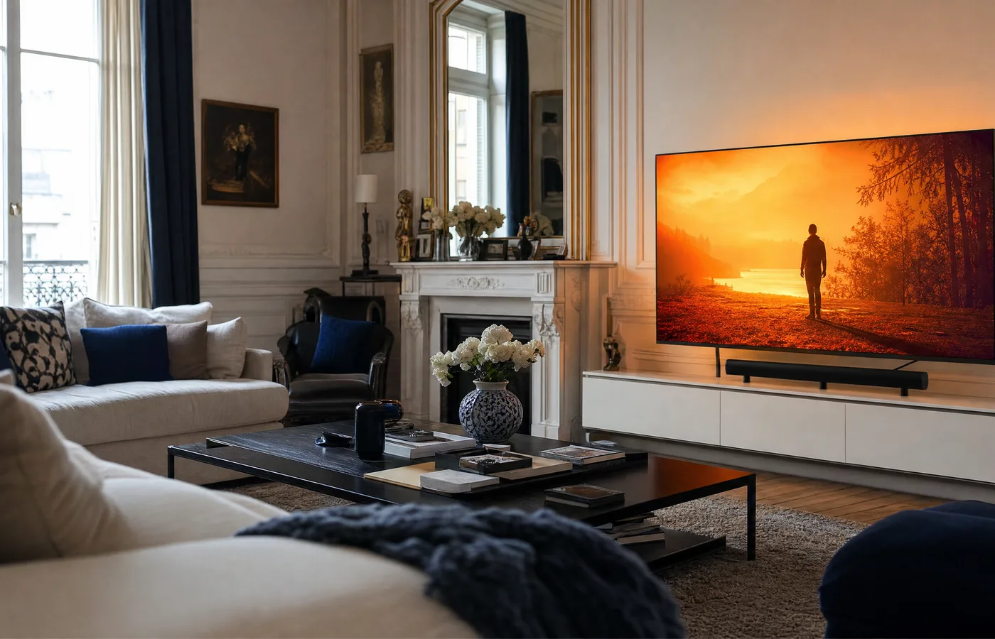 Salon haut de gamme avec téléviseur affichant une interface premium orange, ambiance confortable et soignée