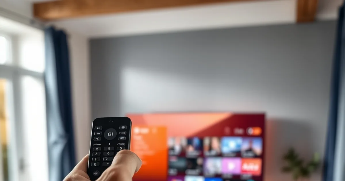 Gros plan d’une main avec une télécommande devant un Smart TV, ambiance tutoriel d’installation