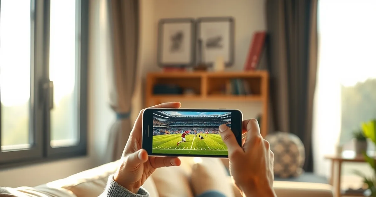 Une personne installée dans un canapé lumineux regarde un match de football sur son iPhone près d'une fenêtre ensoleillée