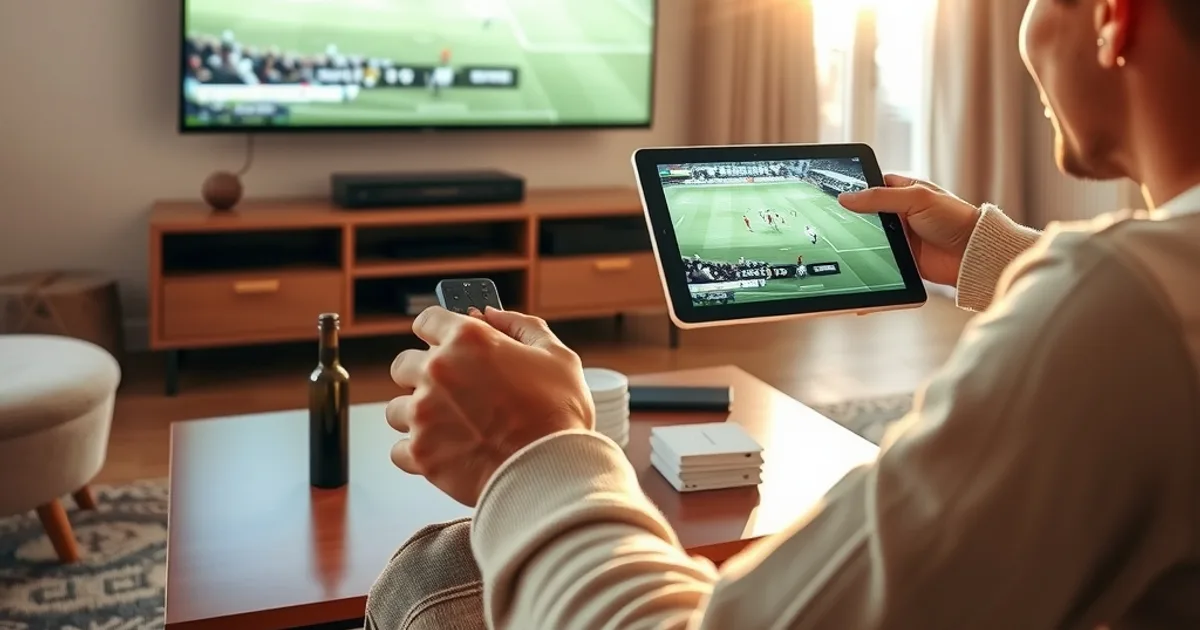 Salon lumineux avec un match de football sur la télévision et une tablette de secours allumée sur la table basse, prête à prendre le relais