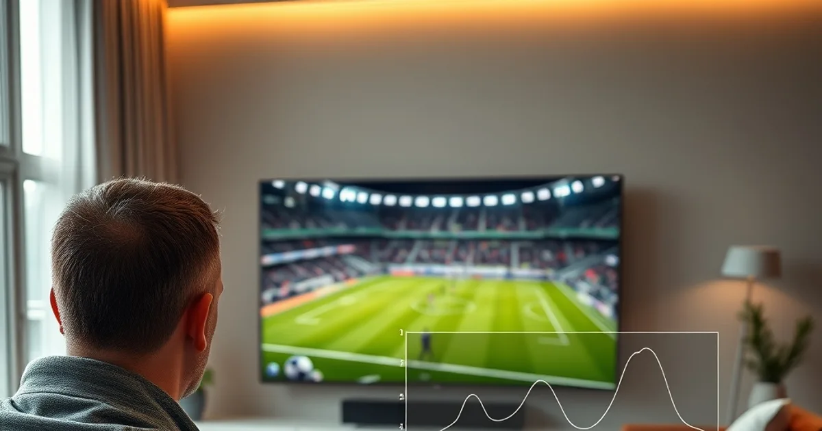 Une personne installée dans un salon moderne et lumineux regarde un match de sport sur une grande télévision 4K, avec en surimpression un petit graphique de bitrate affichant une courbe de débit stable, tablette à la main pour suivre la mesure en temps réel, ambiance technologique et rassurante en fin d'après-midi