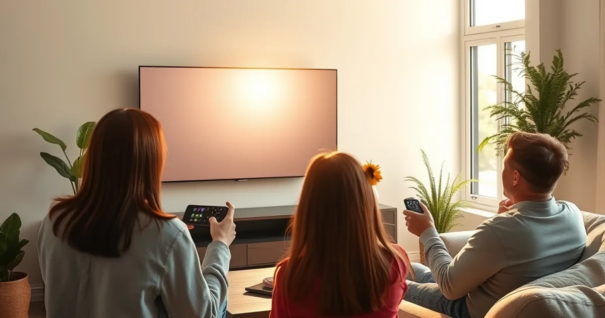 Famille installée dans un salon lumineux devant une grande Smart TV 4K en plein après-midi