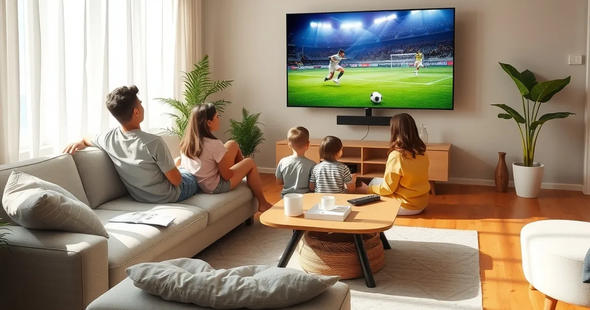 Famille regardant un match de football en direct sur une grande TV dans un salon lumineux, assise à distance du téléviseur