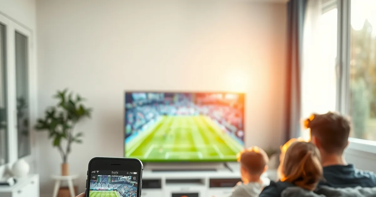 Une famille dans un salon lumineux regarde un match de football à la télévision pendant qu'une personne vérifie la vitesse de sa connexion sur son smartphone