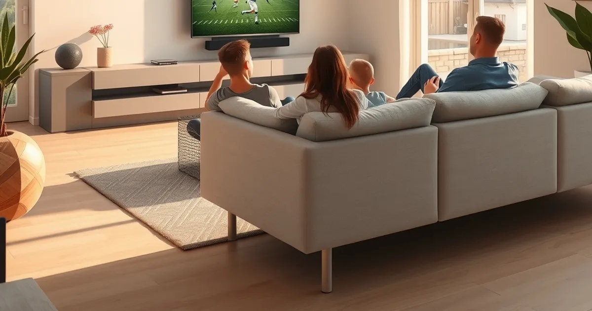 Famille regardant un match de football dans un salon lumineux équipé d'une barre de son Dolby Atmos