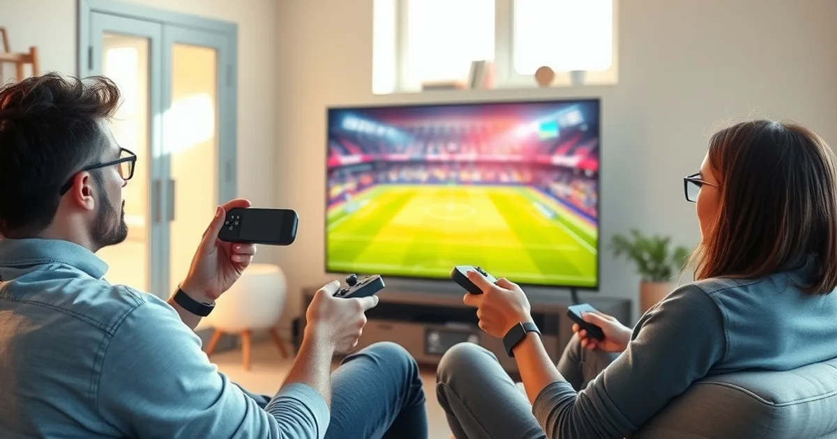 Deux amis assis dans un salon lumineux comparent deux télécommandes devant une télévision allumée sur un match de football
