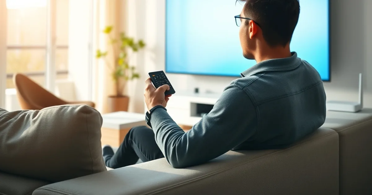 Une personne dans un salon lumineux regarde sa télévision avec une image figée, câble Ethernet et routeur WiFi visibles à côté