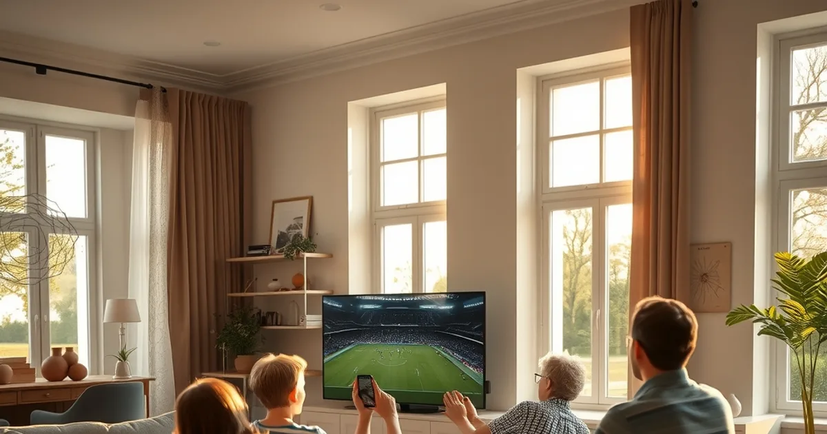 Une famille regarde un match de football en direct dans un salon lumineux, avec une tablette posée sur la table basse affichant un second flux en arrière-plan.