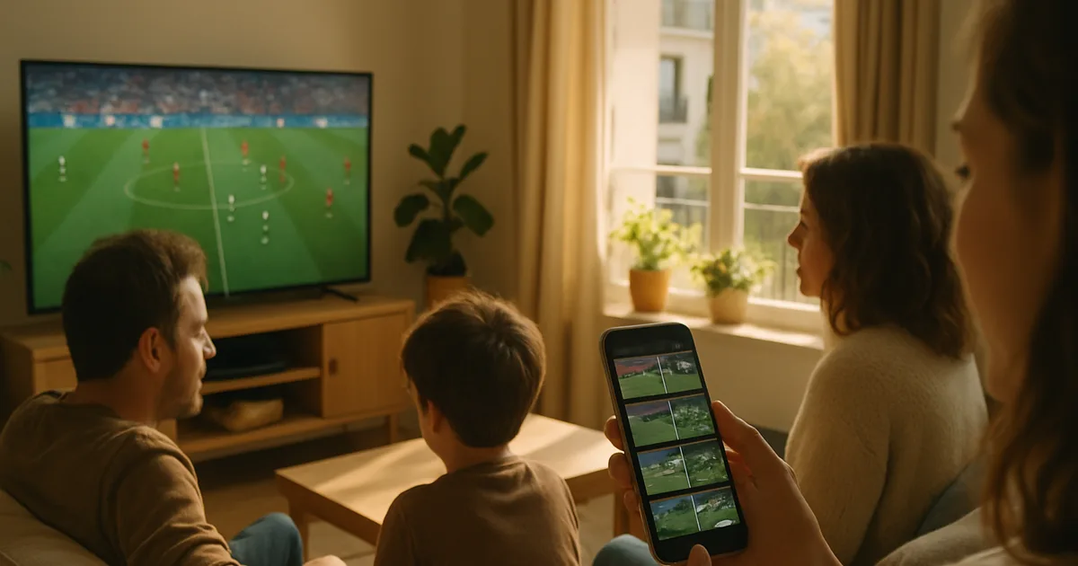Une famille regarde un match de football en direct sur grand écran dans un salon lumineux, pendant qu'une personne consulte un replay sur son smartphone en arrière-plan.