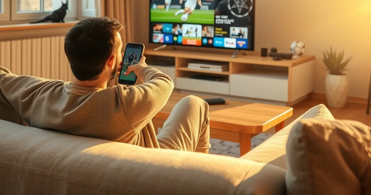 Une personne installée dans un salon lumineux consulte sa bibliothèque de replays sur son téléphone, avec la télévision affichant une grille de vignettes de matchs en arrière-plan.