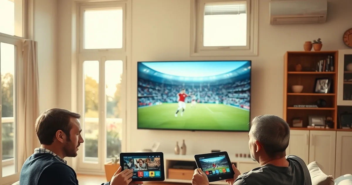 Deux amis comparent sur une tablette le coût de Ligue 1+ et d'un abonnement IPTV, dans un salon lumineux avec un match de football à l'écran.