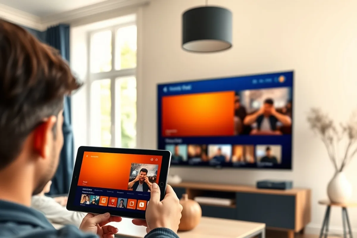 Salon familial avec un grand téléviseur et une tablette affichant le même contenu, illustrant le pack famille 2 écrans