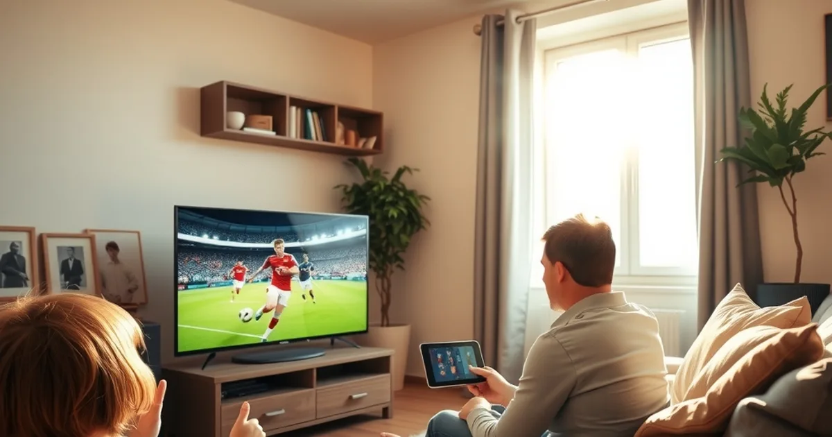 Famille réunie dans un salon lumineux, regardant un match de football sur la télévision pendant qu'un adolescent utilise une tablette à côté