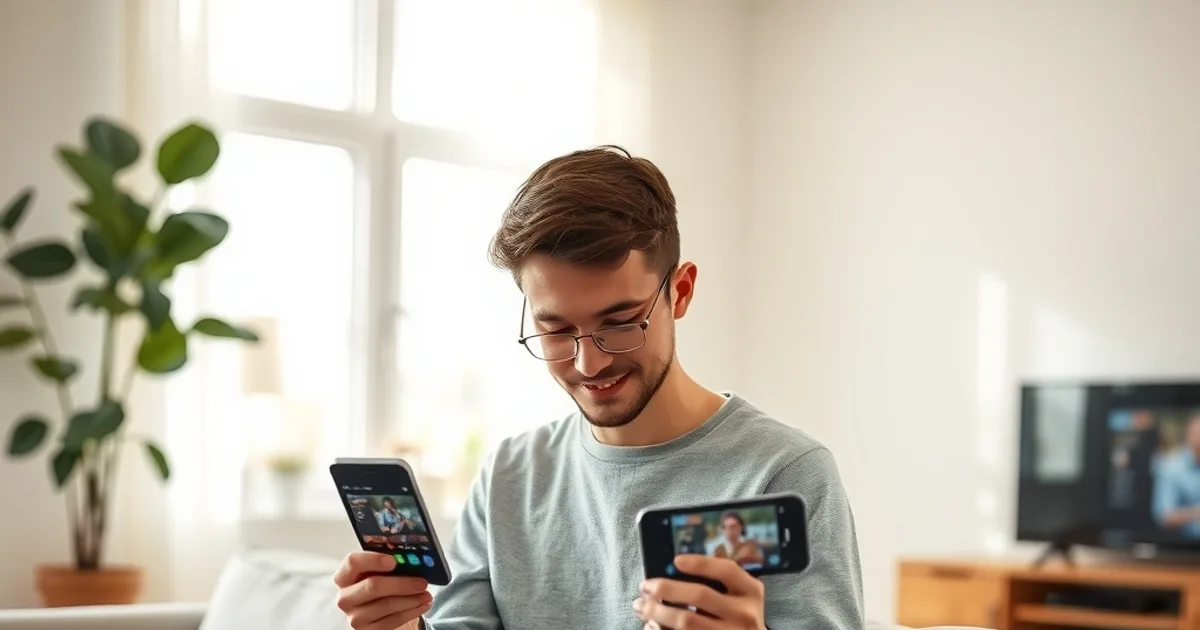 Une personne compare deux applications de streaming sur son téléphone dans un salon lumineux, avant de choisir un abonnement IPTV.