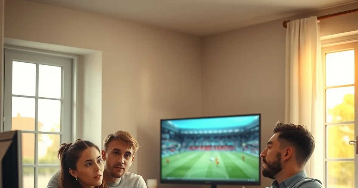 Un groupe d'amis regarde un match de football en direct dans un salon lumineux, concentré sur l'écran au moment d'une action décisive