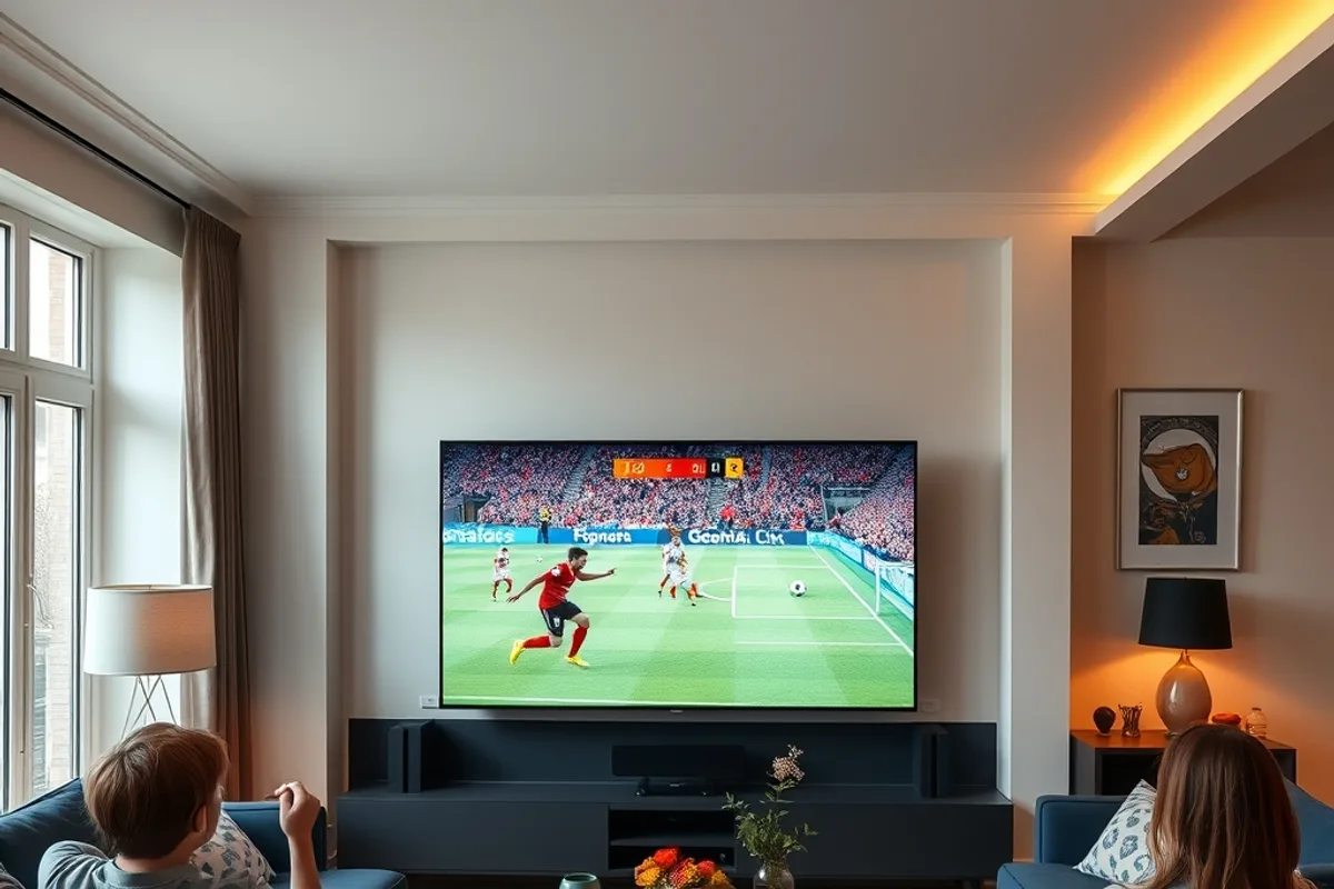 Salon avec un téléviseur diffusant un match de football en direct, ambiance chaleureuse pour regarder le sport