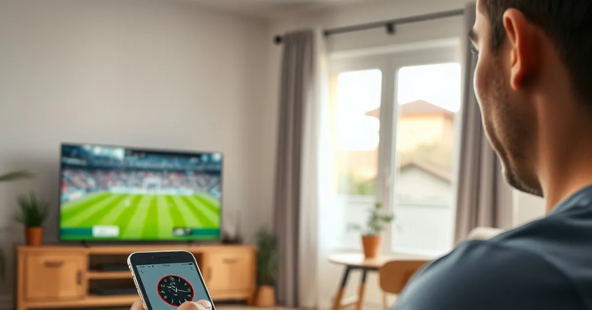 Une personne teste un flux IPTV en plein match tout en chronométrant et en notant les résultats sur un carnet, dans un salon lumineux.
