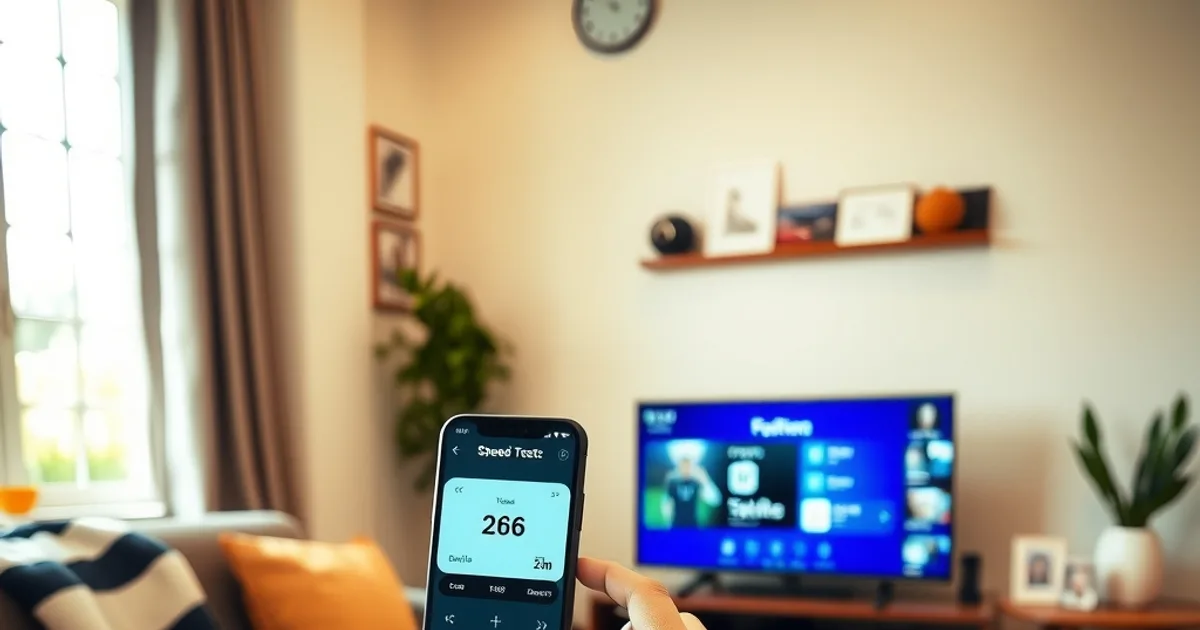 Une personne vérifie la vitesse de sa connexion internet sur son téléphone dans un salon lumineux, avant un match de football diffusé à la télévision.