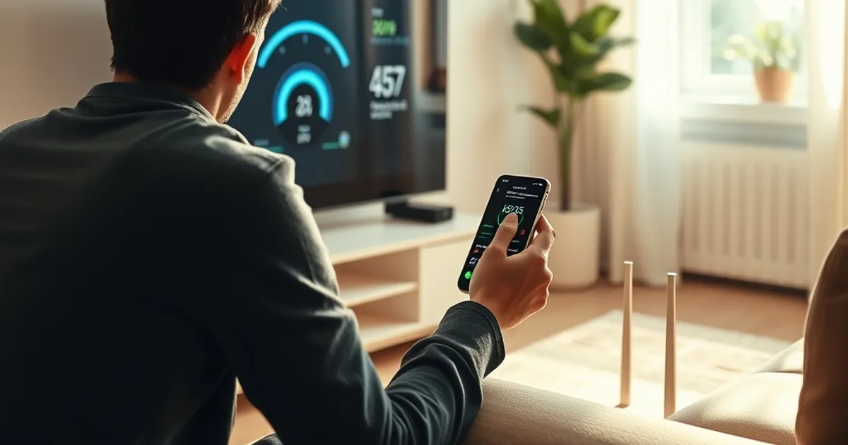 Une personne compare le débit de sa box internet et de son smartphone près du routeur, dans un salon lumineux, pour diagnostiquer un ralentissement IPTV.