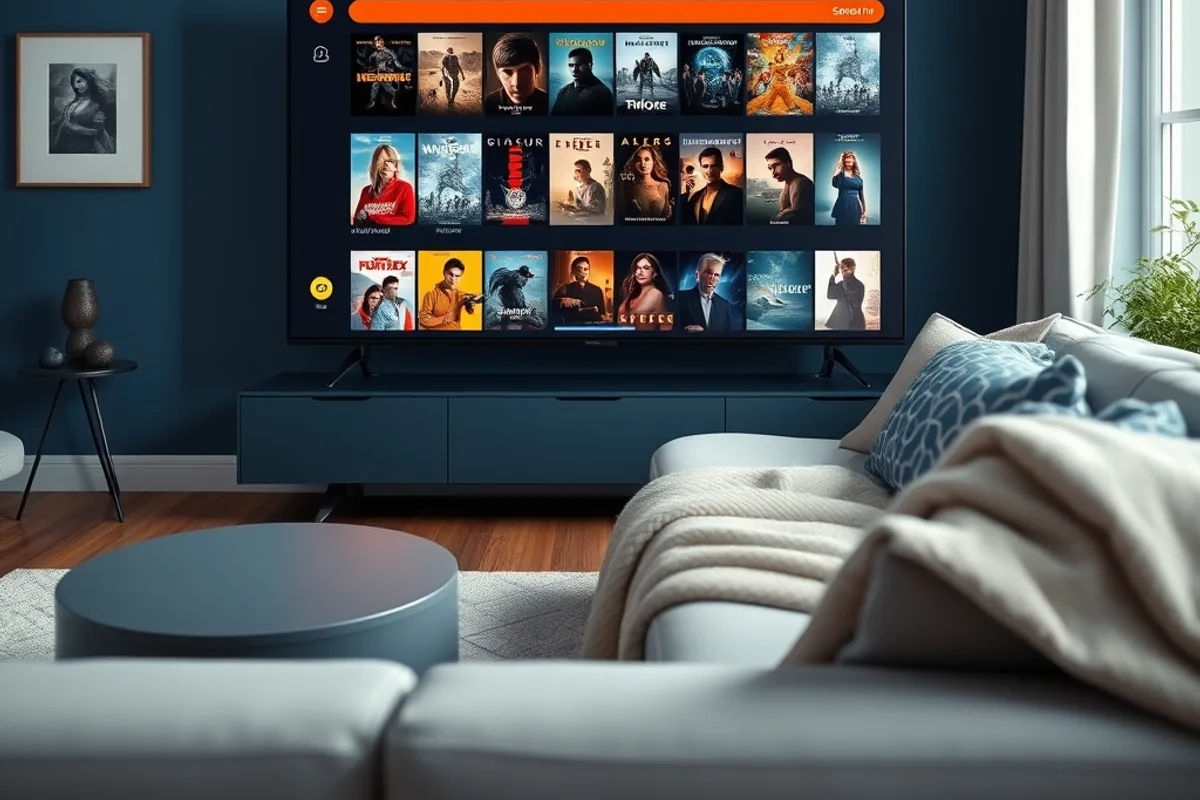 Téléviseur affichant un catalogue de films et séries en 4K avec des affiches côte à côte
