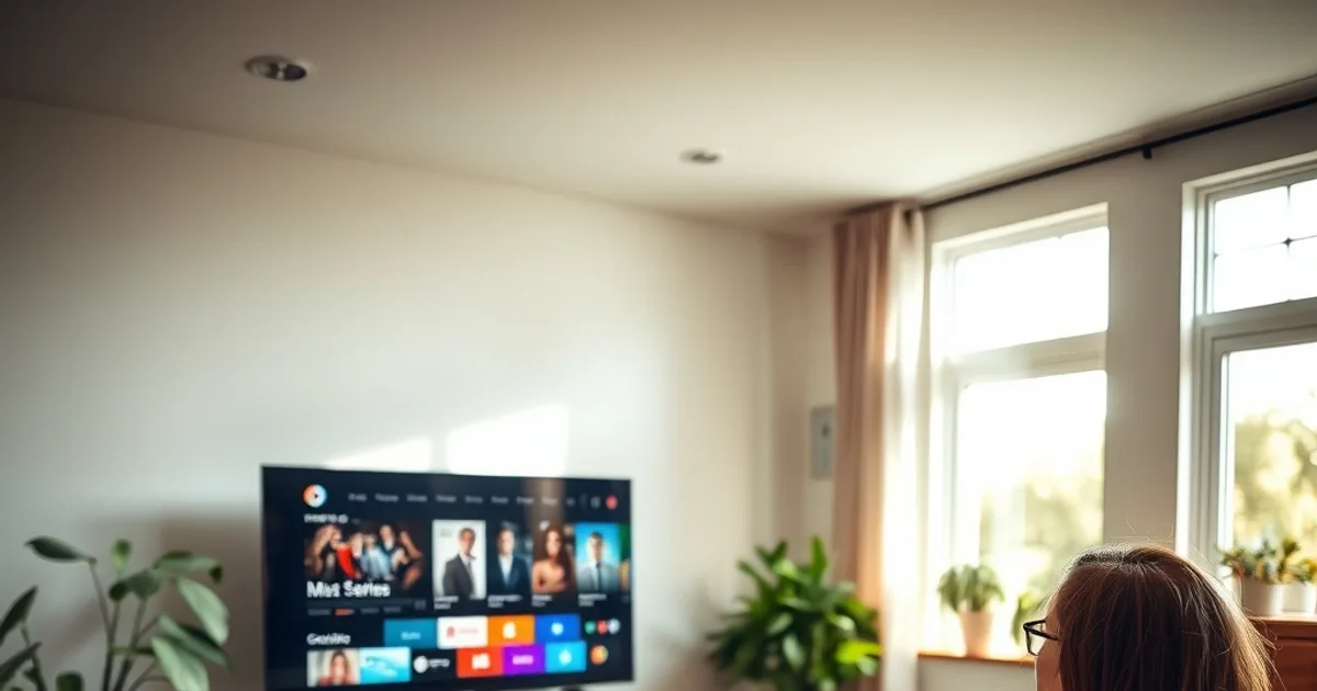 Une femme installée dans un salon lumineux parcourt le catalogue de films et séries sur sa télévision connectée en plein après-midi.