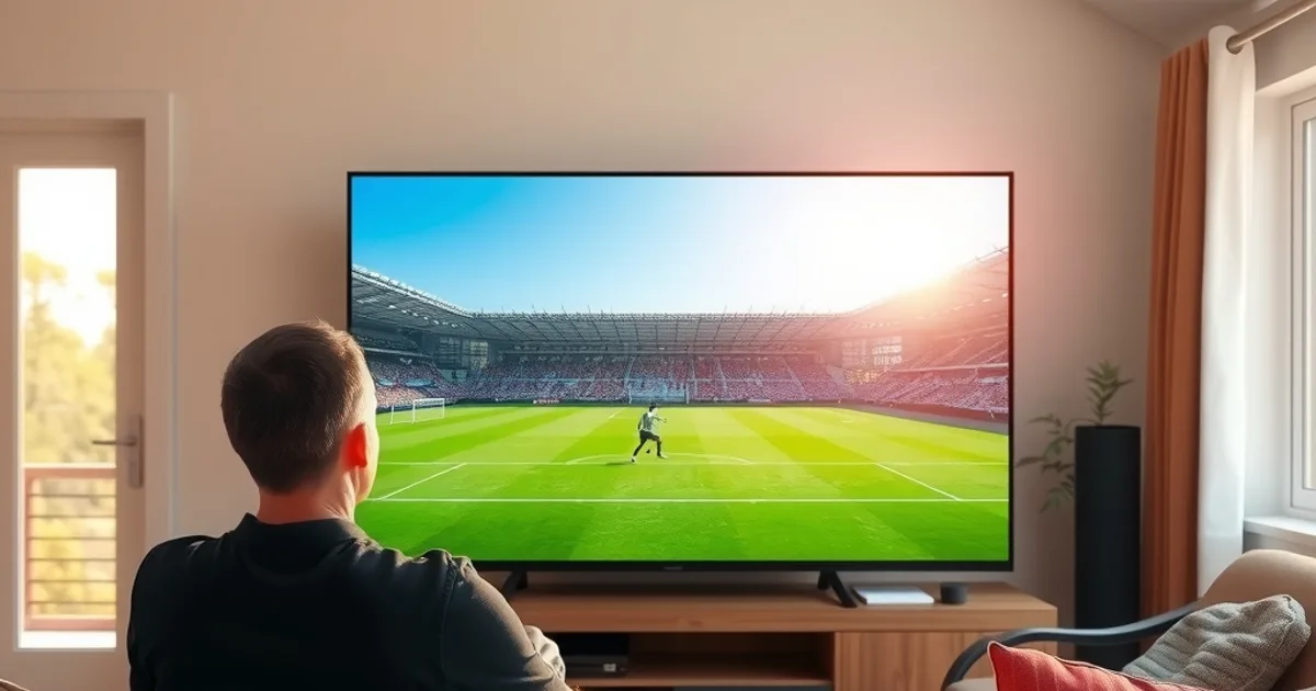 Un supporter regarde un replay de football en 4K sur sa télévision dans un salon lumineux en pleine journée