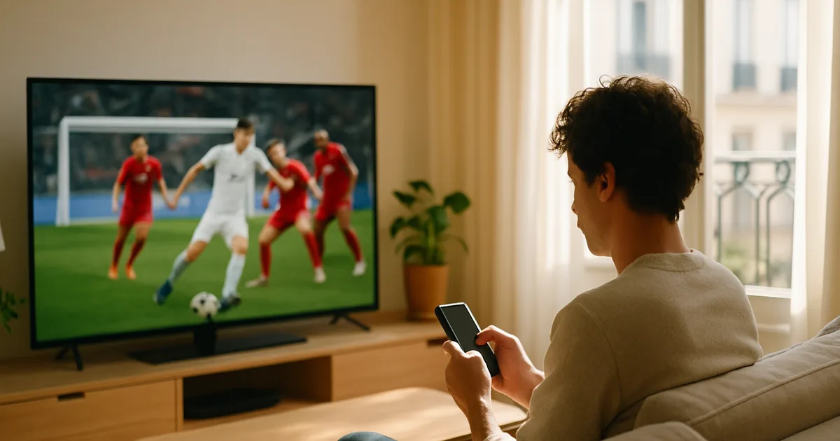 Une personne compare un match de Ligue 1 en replay sur sa télévision et son smartphone dans un salon lumineux