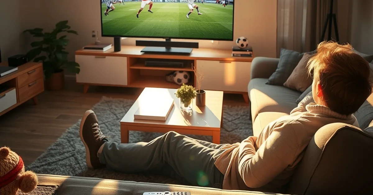 Une personne détendue sur son canapé regarde le replay d'un match de football à la télévision, dans un salon lumineux en fin d'après-midi
