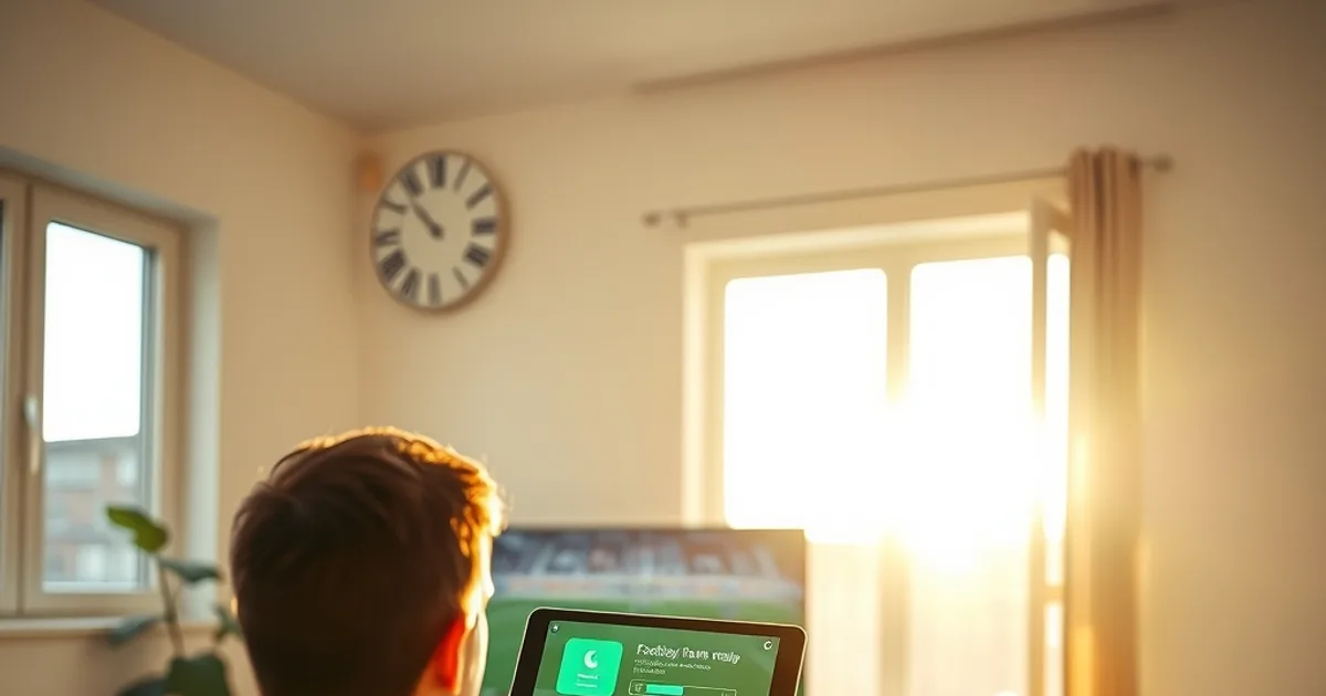 Une personne assise dans un salon lumineux tient une tablette affichant un replay de match, pendant qu'à l'arrière-plan la télévision montre un direct en cours de mise en mémoire tampon.