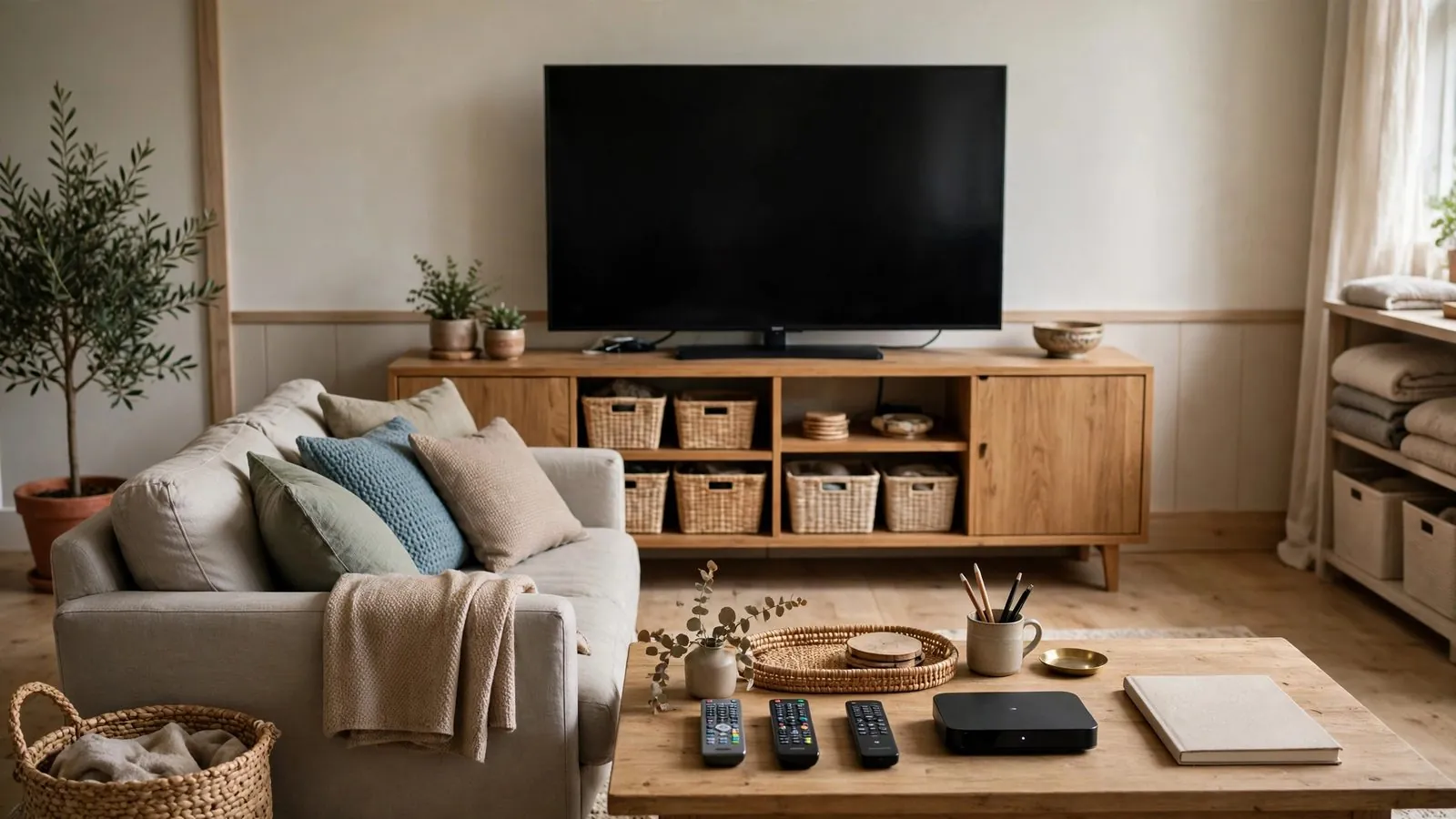 Salon d'une maison familiale avec un canapé faisant face à un téléviseur éteint.